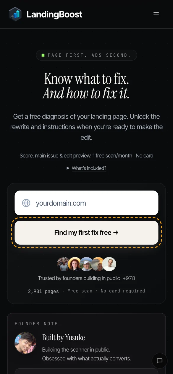 With the new wording in place: “Find my first fix free →”